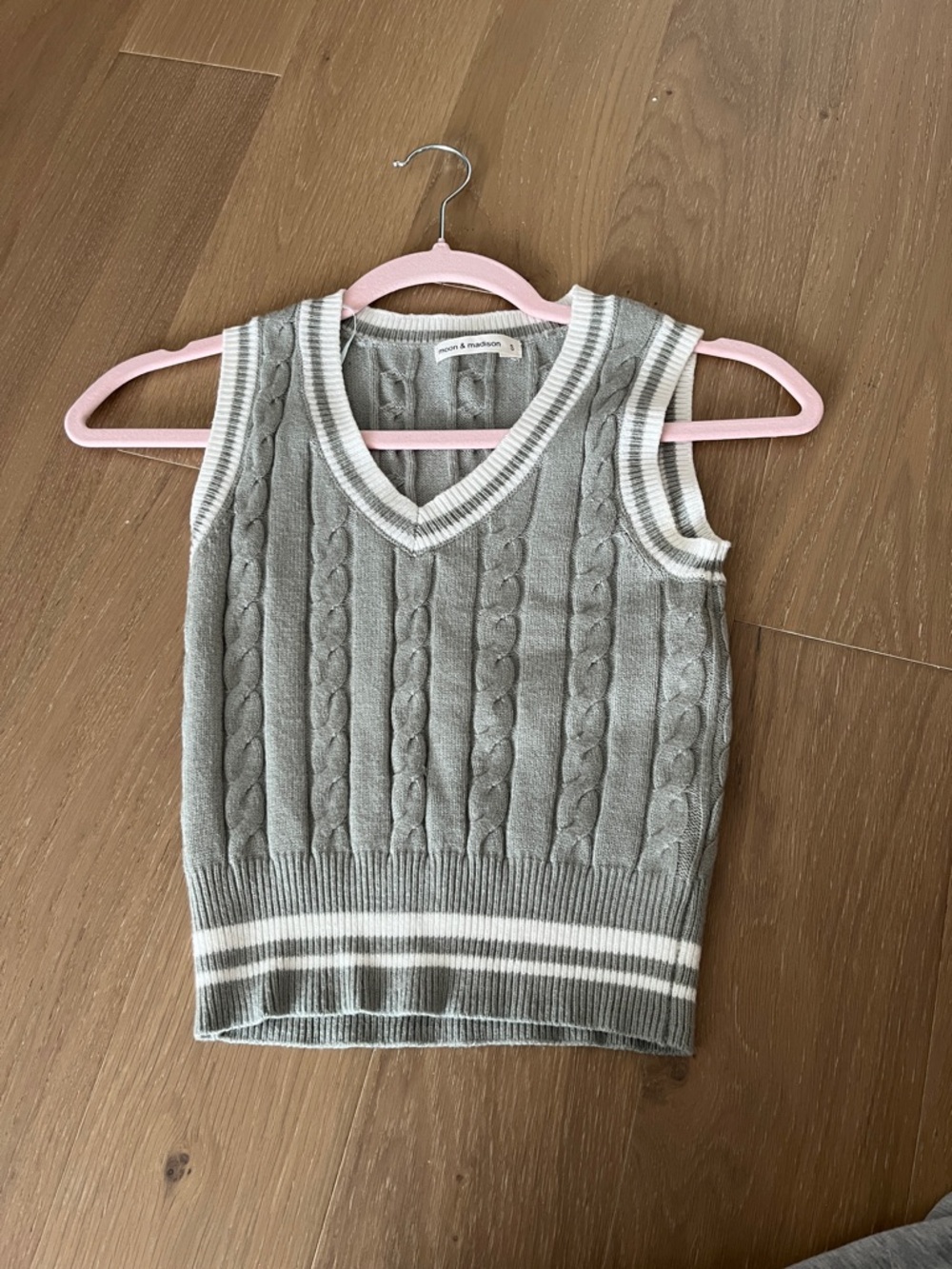 Cable Knit V-Neck Sweater Vest in Light Sage Green with White Stripes